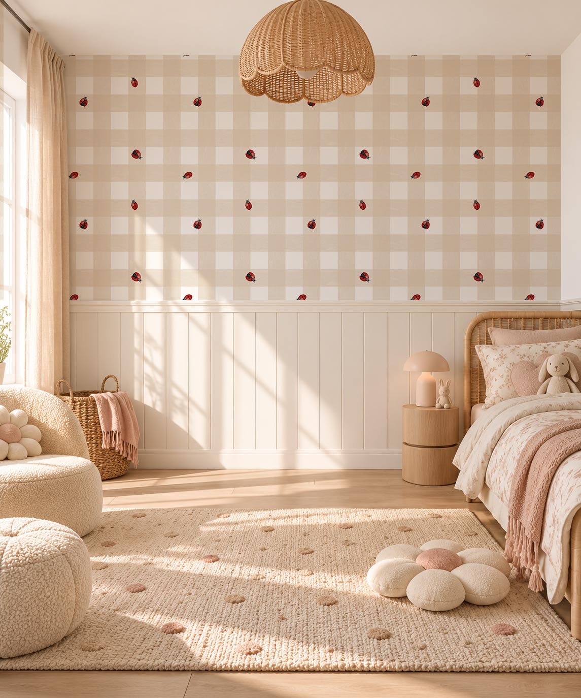 papier peint vichy coccinelle beige